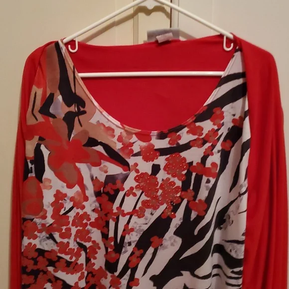 Serengeti 2X Cardigan Top With Built In Shirt Red Zebra Print Bling - Picture 3 of 12